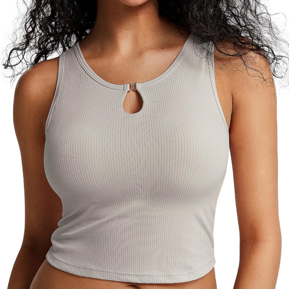 ZeroBound Women's Built-in Shelf Bra BLUE Tank Top – Keyhole Crew Neck Crop 🆕